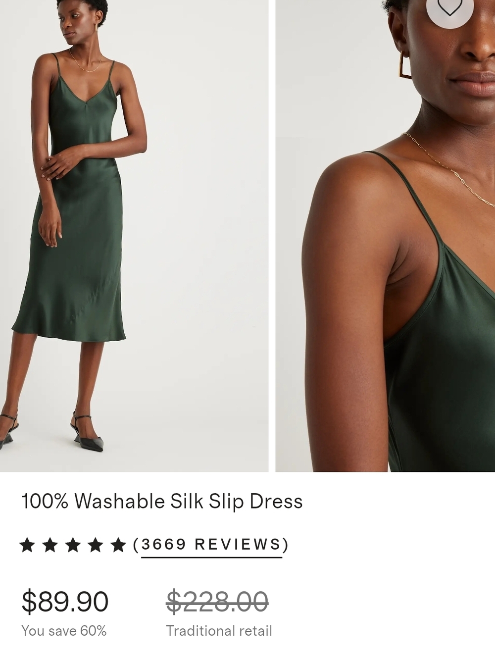 Quince NWOT 100% Washable Silk Slip Dress - Dark Green - Picture 2 of 12